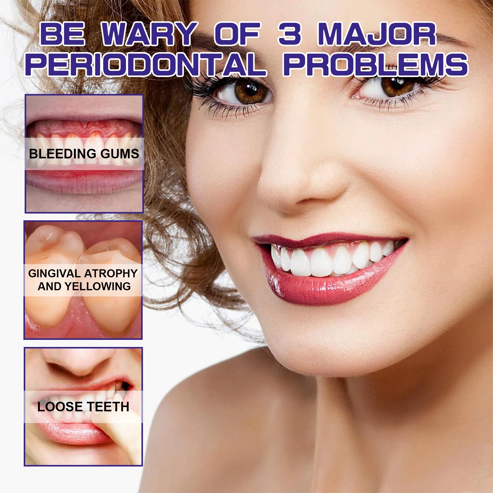 Advertisement about periodontal problems with a woman's smile and close-ups of gums, teeth, and mouth.