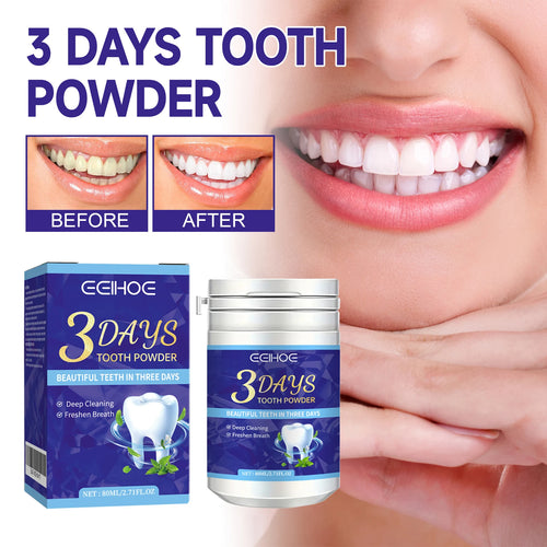 Advertisement for 3 Days Tooth Powder showing before and after effects with a close-up of a smiling person.