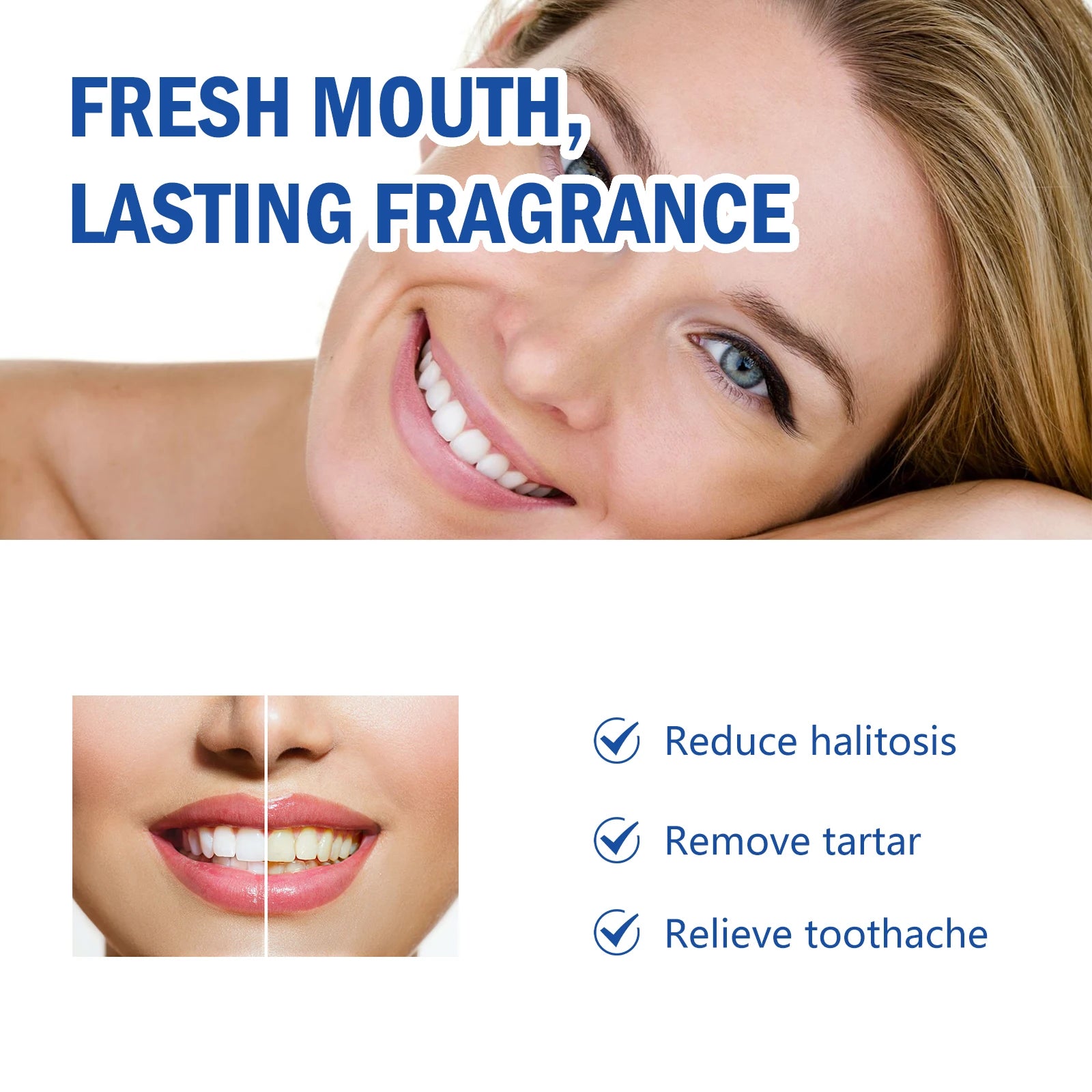 Advertisement for dental care product with a smiling woman and text about fresh mouth and lasting fragrance.
