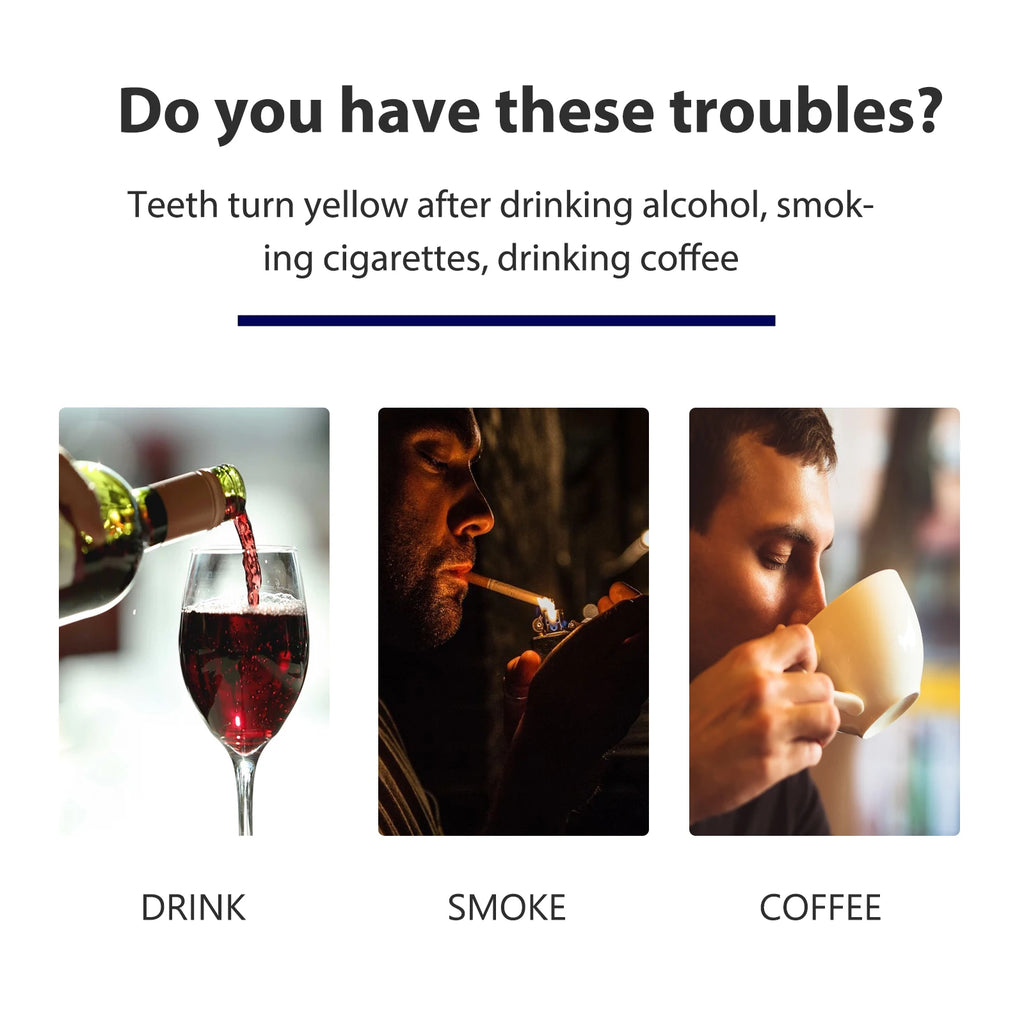 Advertisement showing a bottle of wine, a person smoking, and a person drinking coffee with text about dental issues caused by these habits.