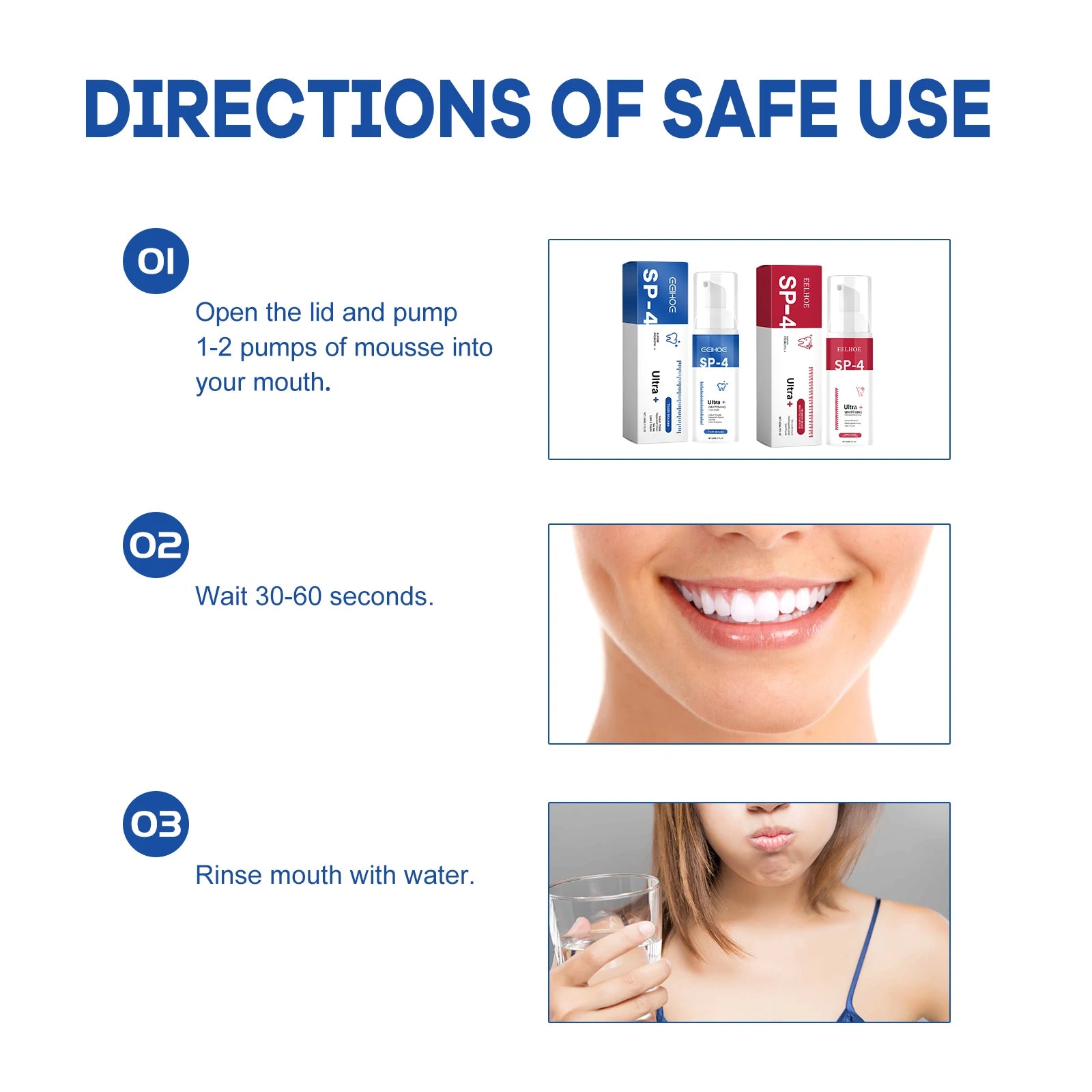Directions for safe use of a dental product with images and text.