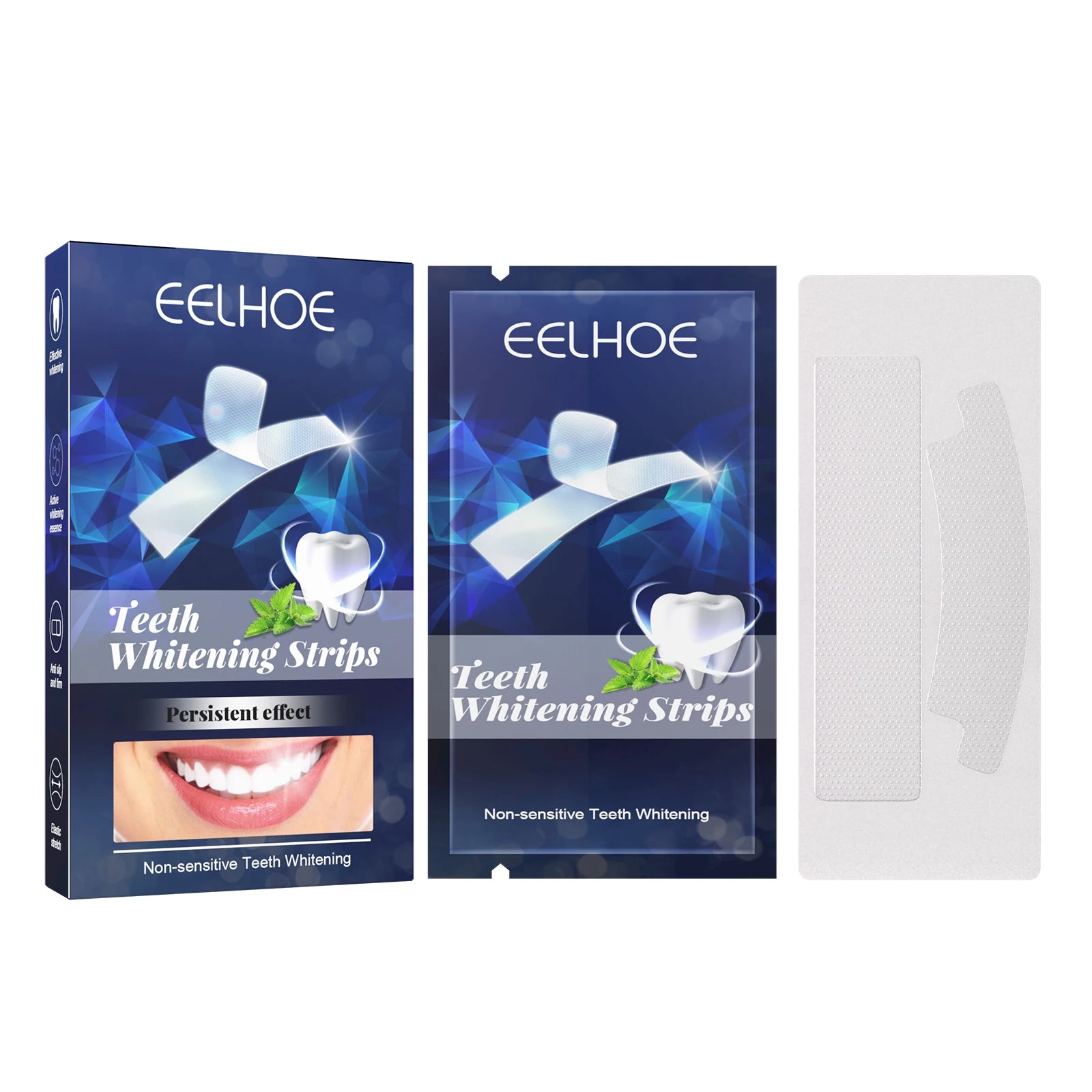 Eelhoe teeth whitening strips packaging with a clear strip on a white background