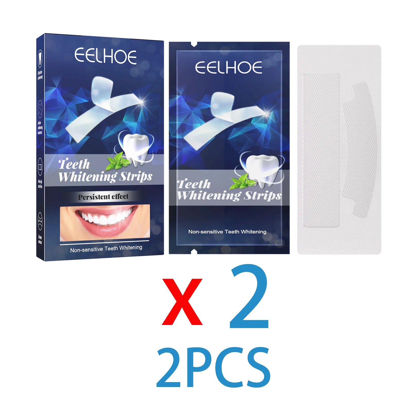 Eelhoe teeth whitening strips packaging with a close-up of the product on a white background