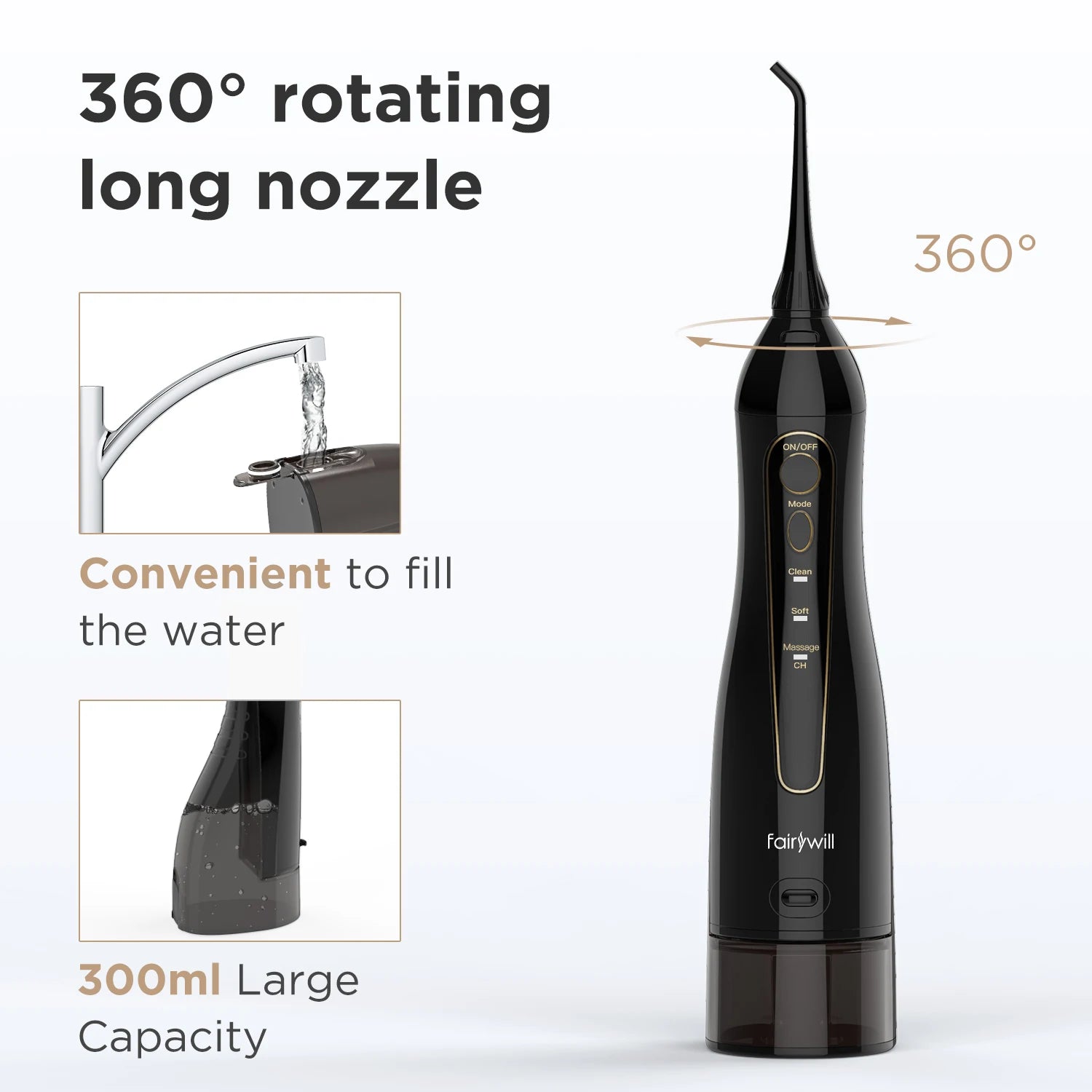 Fairywill Water Flosser – 300ML, 3 Modes, Rechargeable