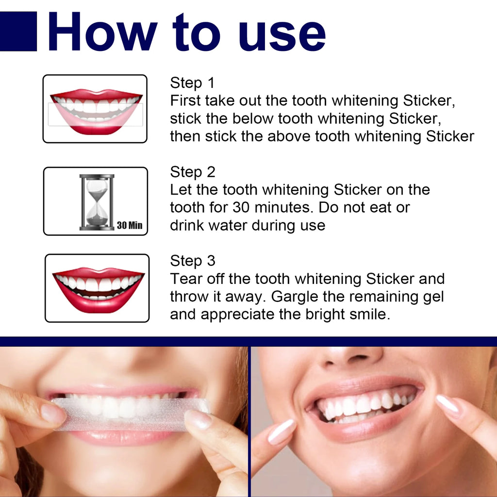 Instructions for using tooth whitening stickers with images of a mouth and text.