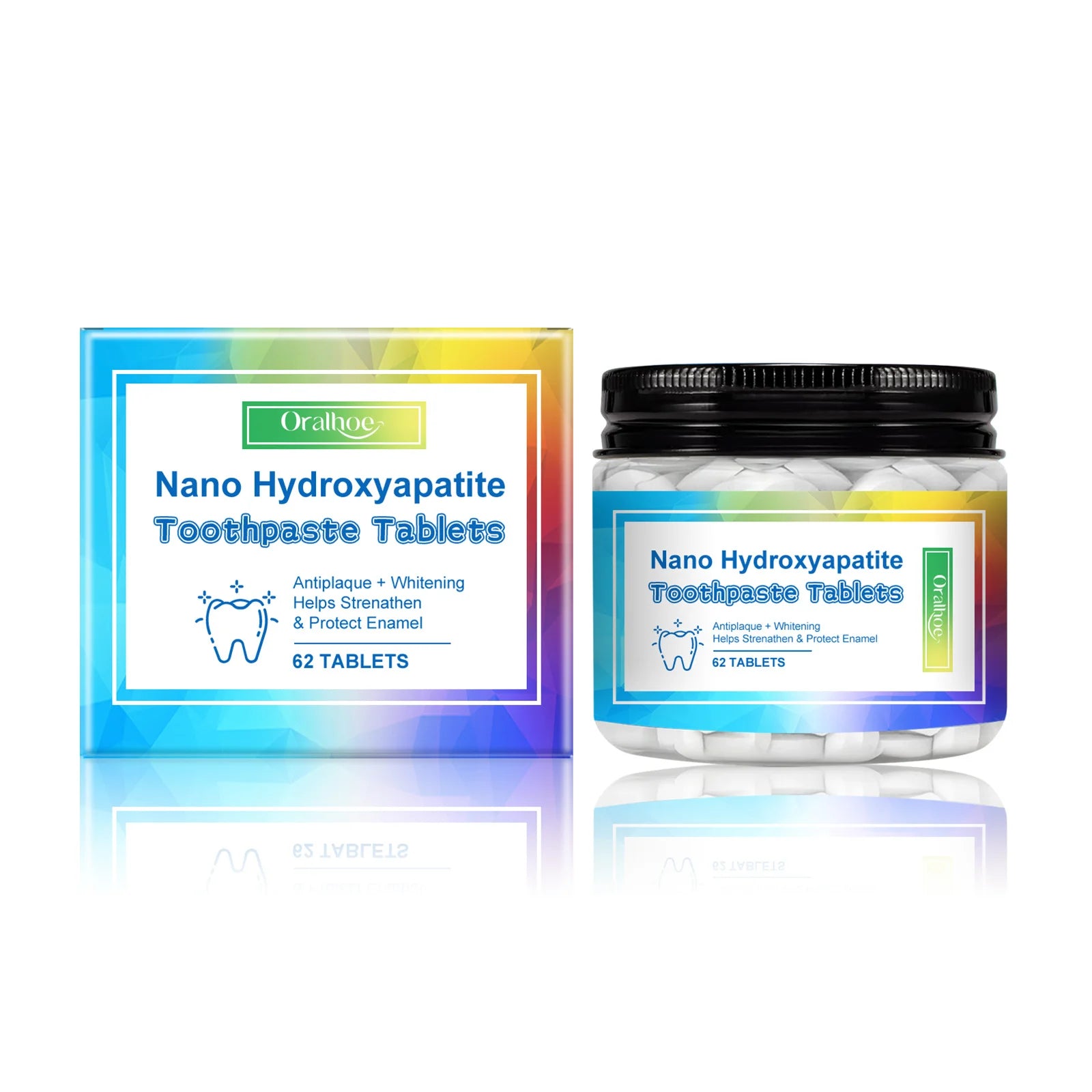 Nano Hydroxyapatite Toothpaste Tablets packaging with a jar on a white background