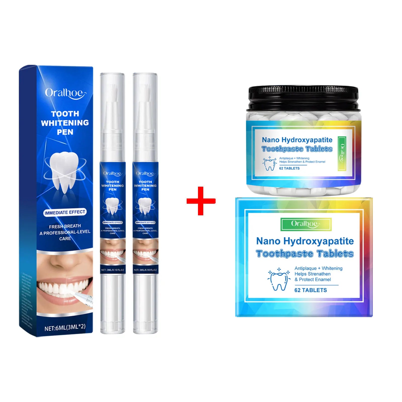 Oral hygiene products including a tooth whitening pen, nano hydroxyapatite toothpaste tablets, and a jar of tablets on a white background.