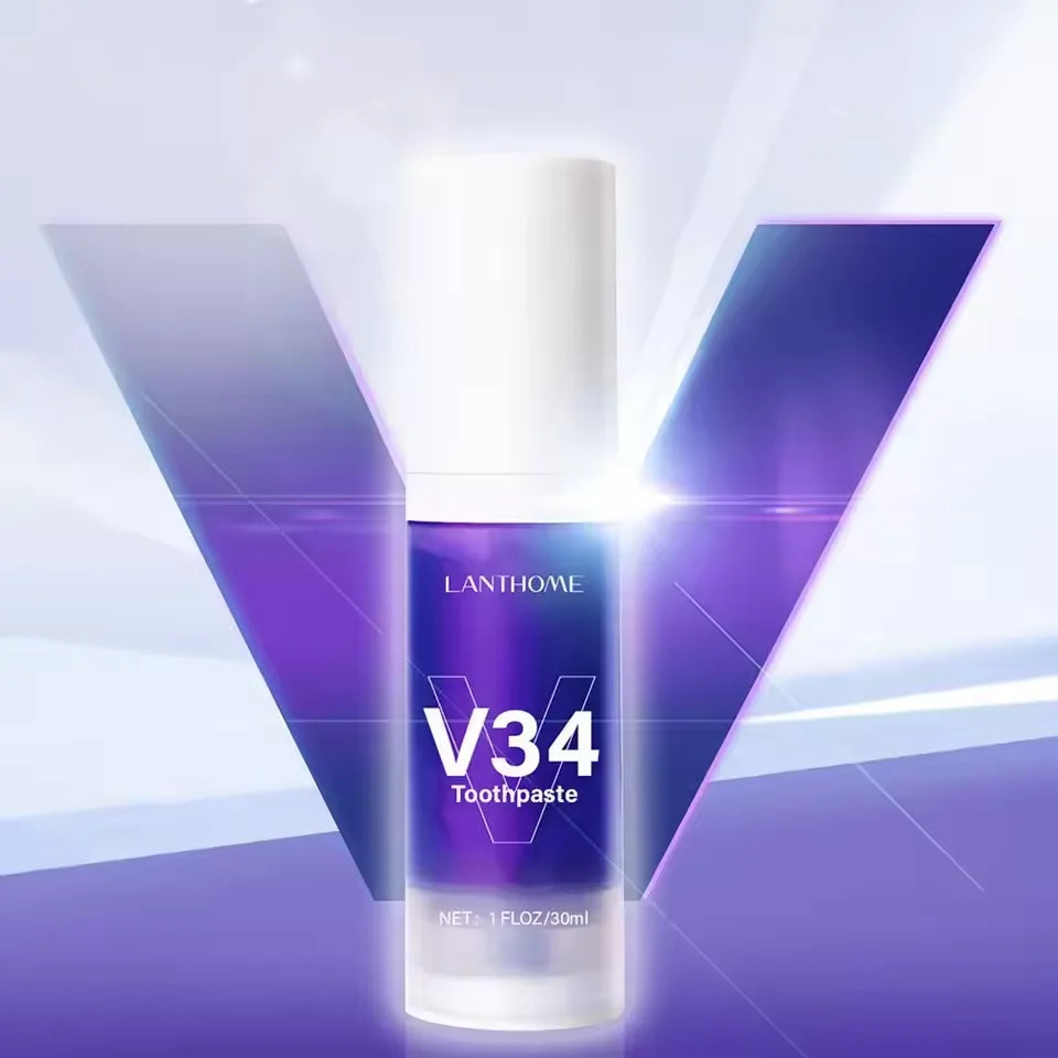LANTHOME V34 toothpaste tube on a blue and white background