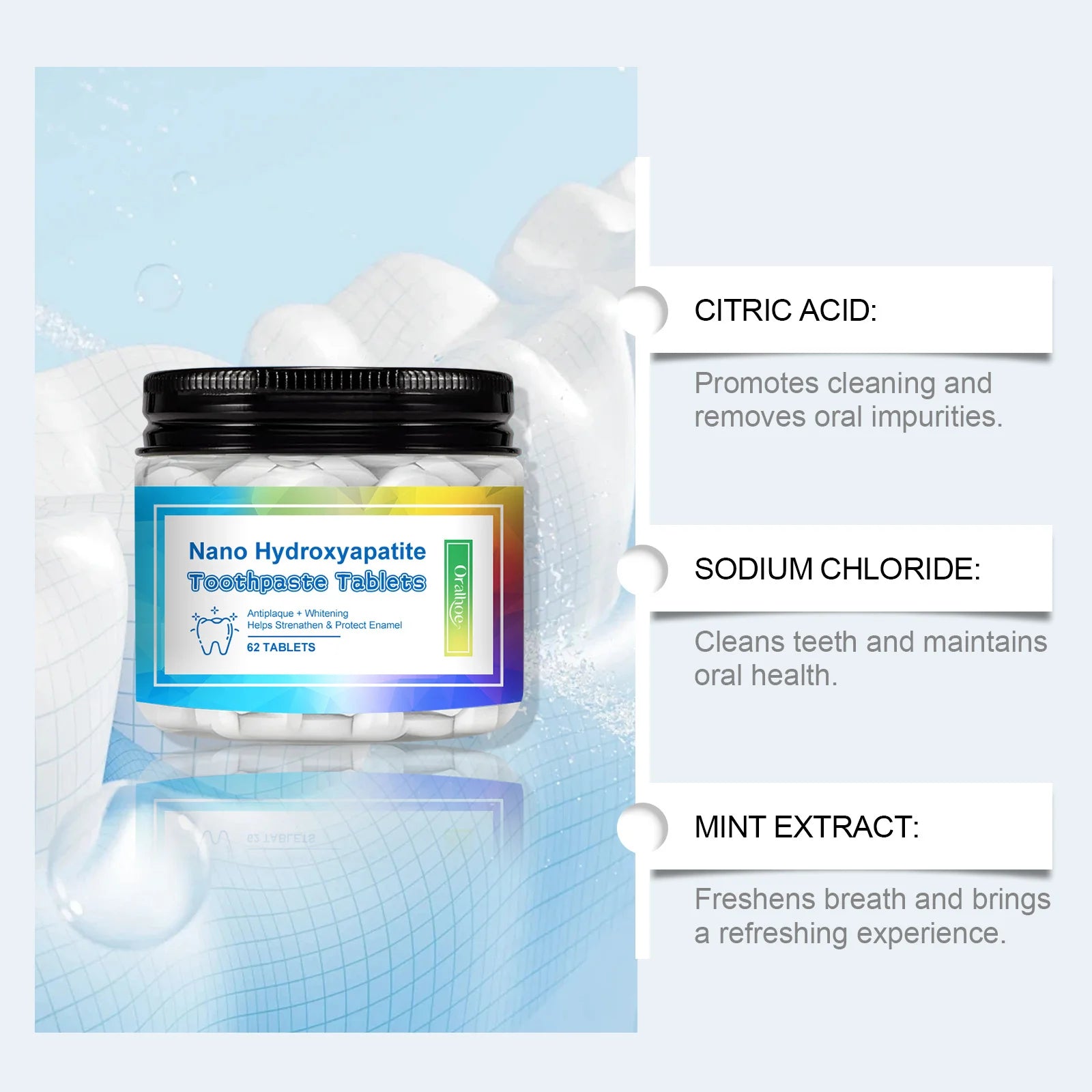 Jar of Nano Hydroxyapatite Toothpaste Tablets with product details on a blue background