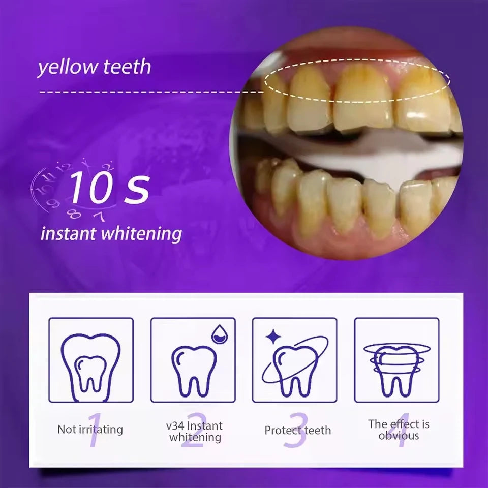 Teeth whitening product advertisement with a close-up of yellow teeth and text on a purple background.