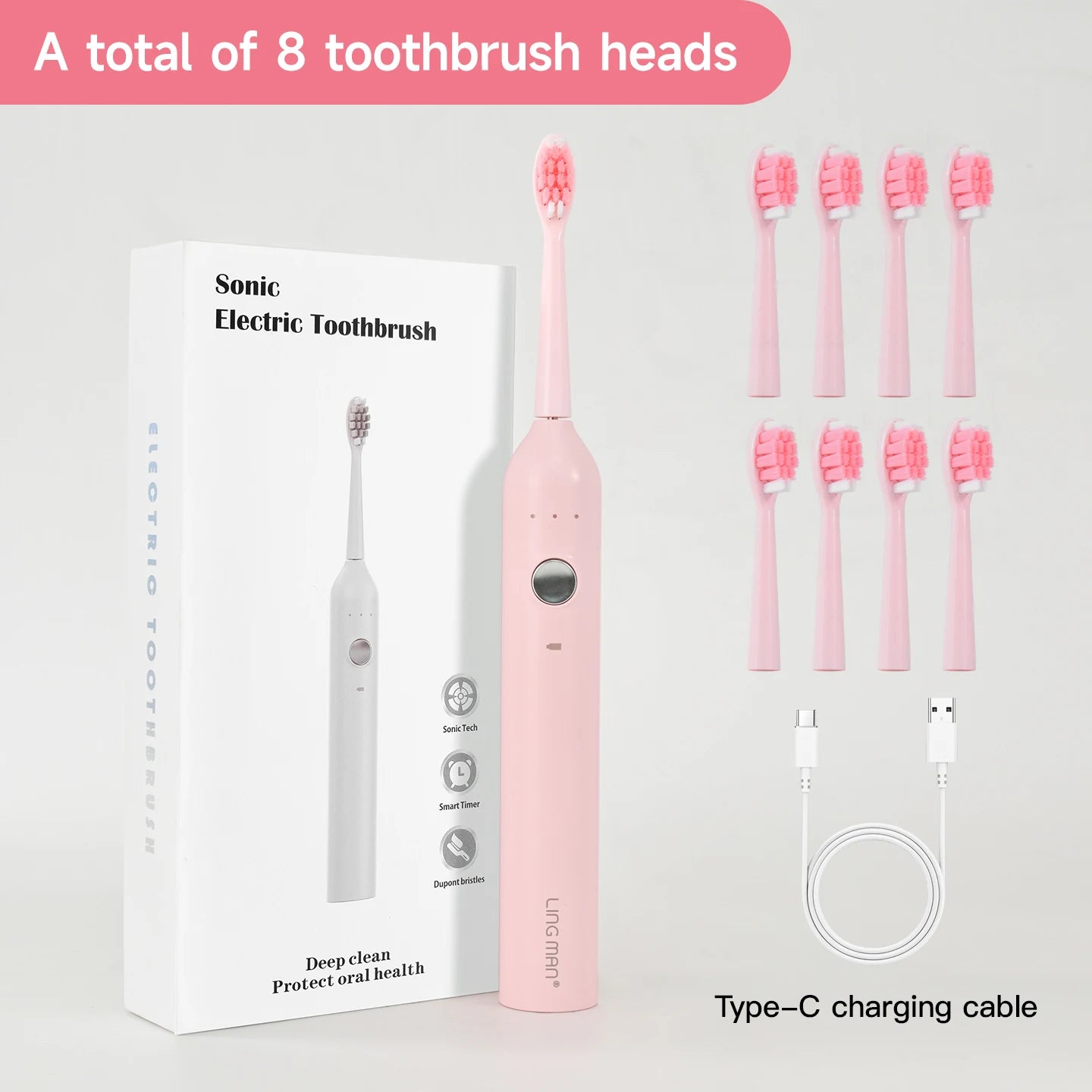 Sonic Electric Toothbrush – 8 Heads, 6 Modes, USB Rechargeable