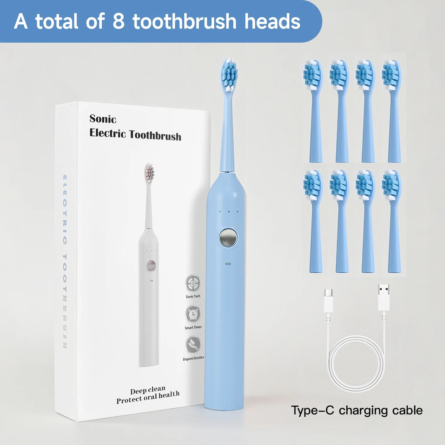 Sonic Electric Toothbrush – 8 Heads, 6 Modes, USB Rechargeable