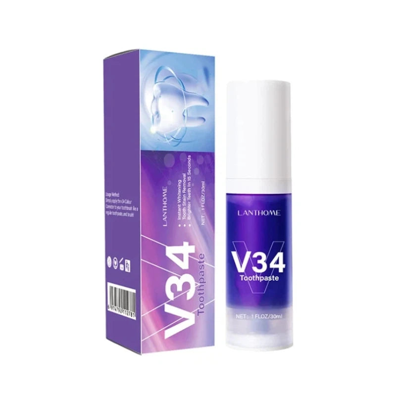V34 toothpaste with packaging on a white background
