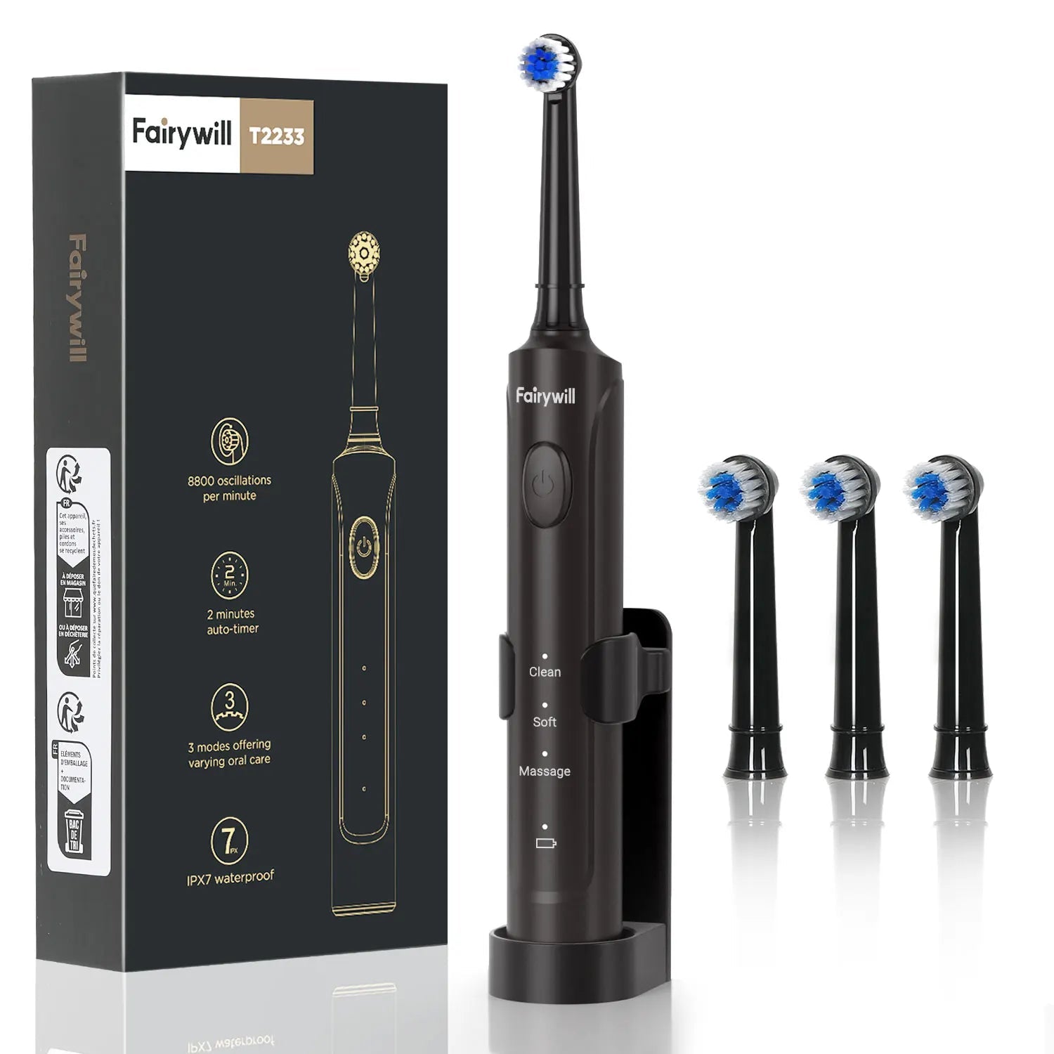 Fairywill T2233 Electric Toothbrush – 4 Heads, Rechargeable