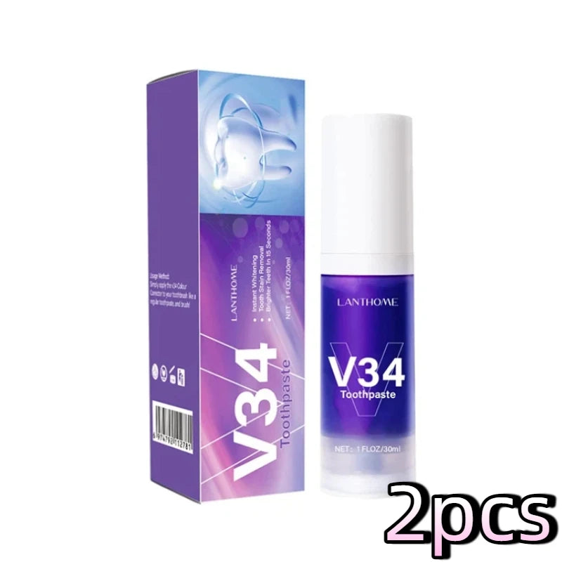 V34 toothpaste packaging with purple and white design on a white background