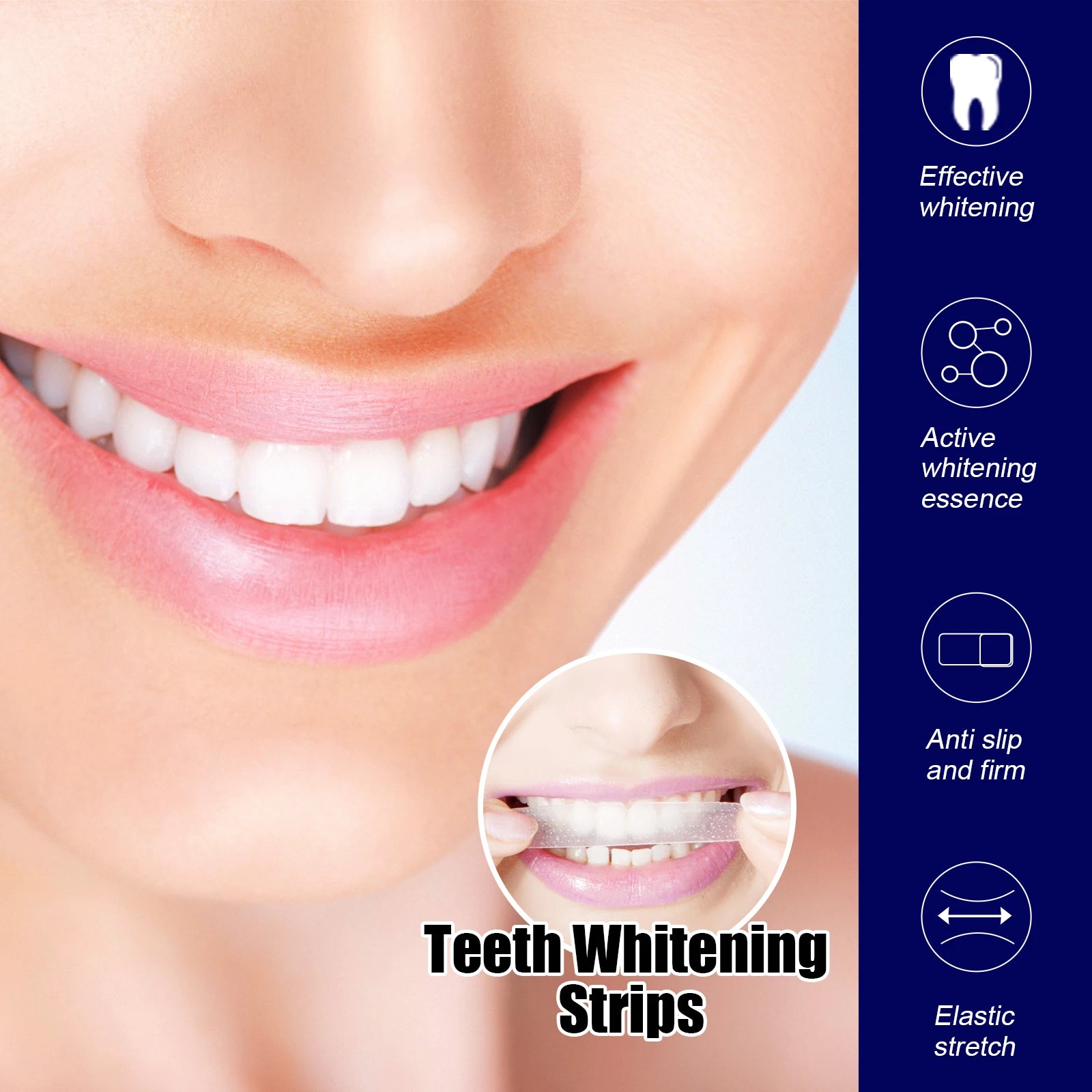 Teeth whitening strips advertisement with a close-up of a smile and product details on a blue background.