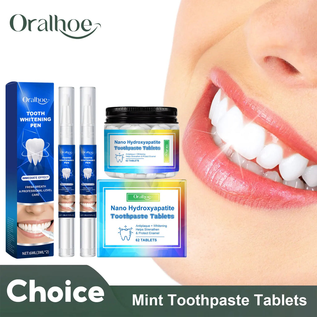 Oral healthcare products including a pen, box, and tablets with a close-up of a smiling mouth showing white teeth.