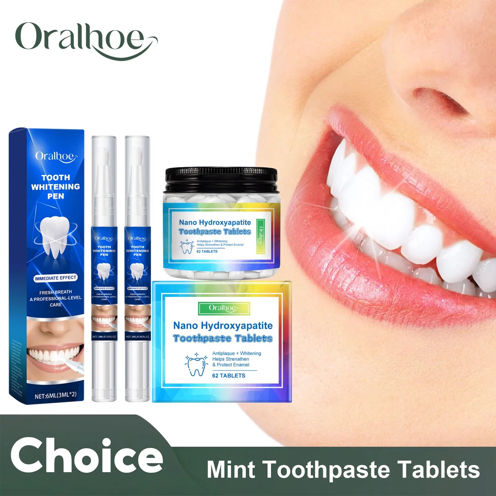 Oral healthcare products including a pen, box, and tablets with a close-up of a smiling mouth showing white teeth.