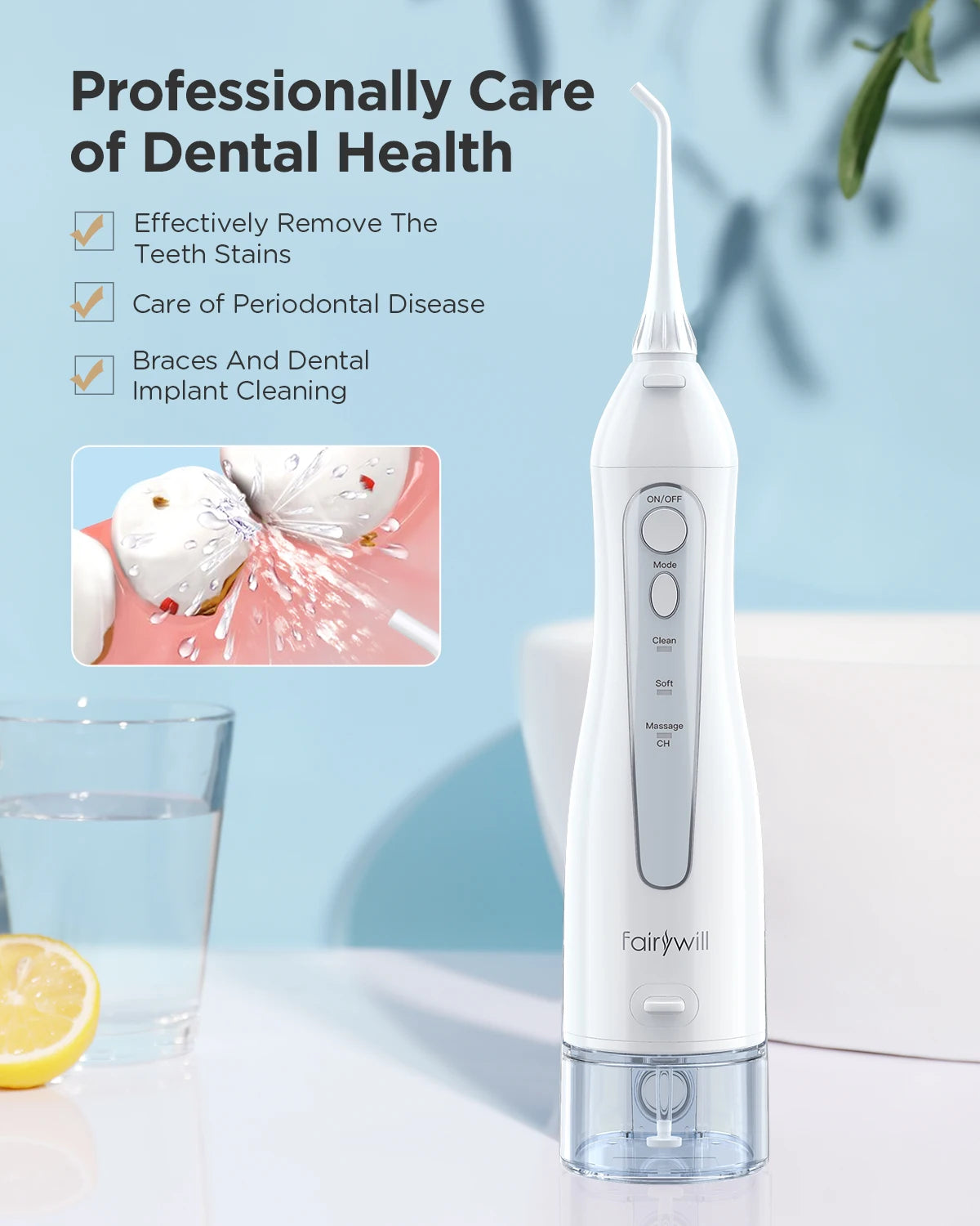 Fairywill Water Flosser – 300ML, 3 Modes, Portable