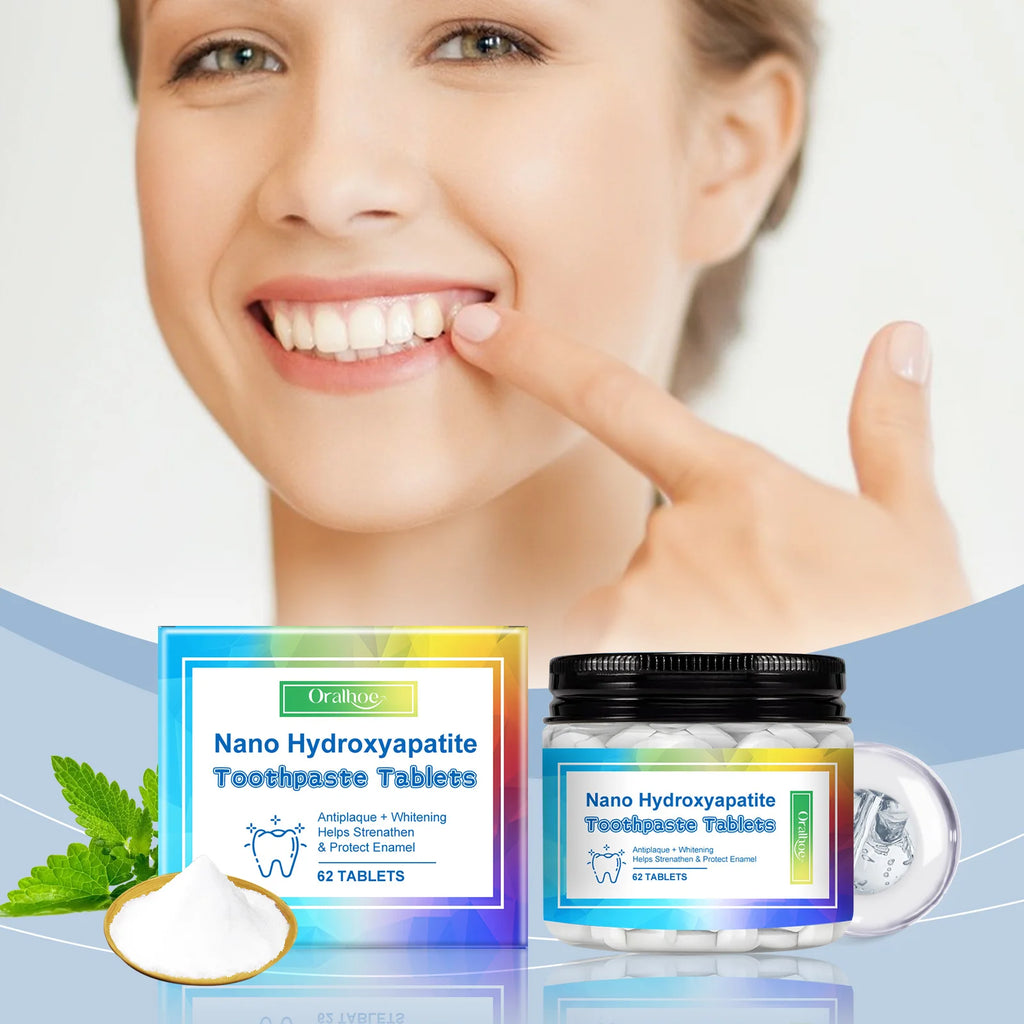 Nano Hydroxyapatite Toothpaste Tablets packaging with a woman showing off her teeth.
