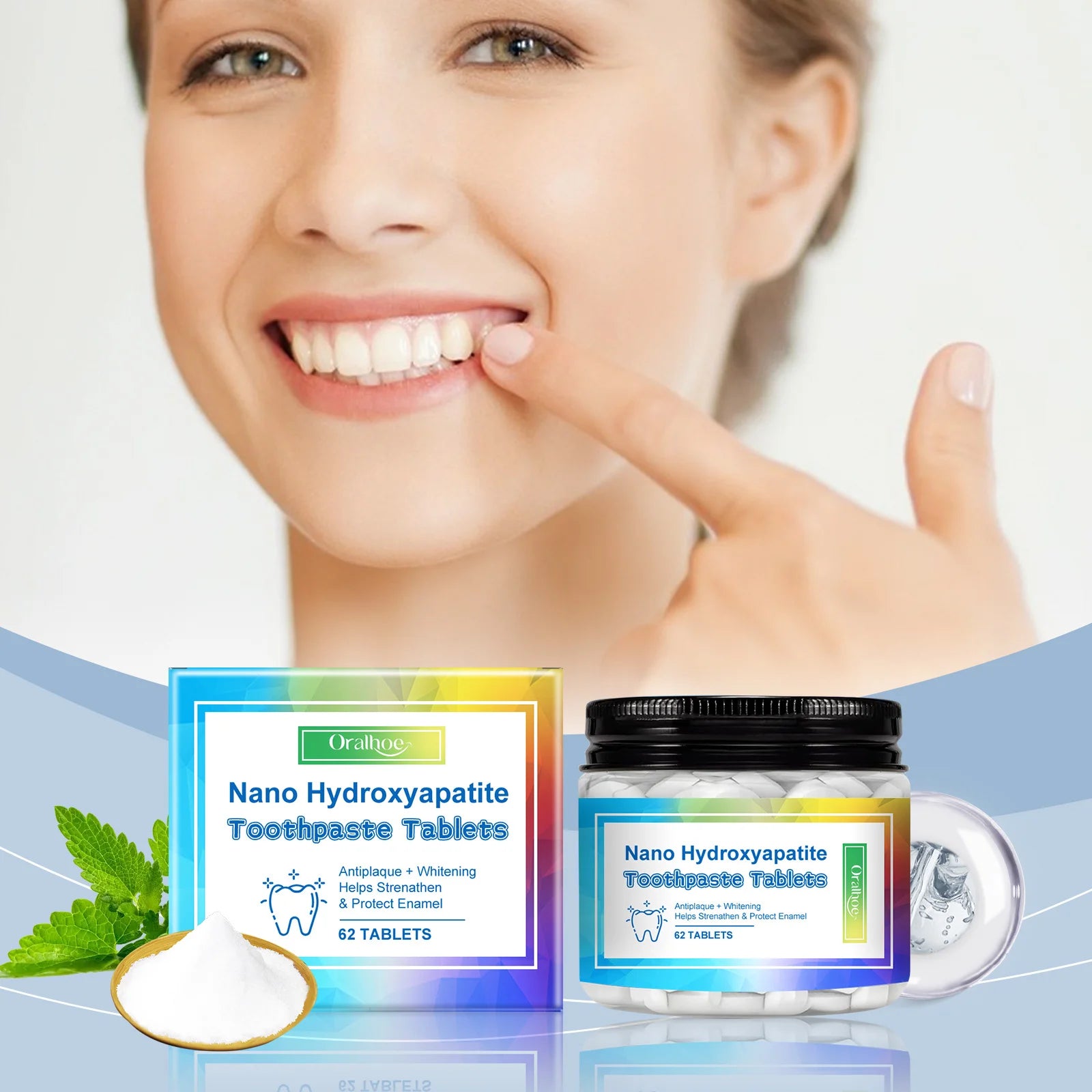 Nano Hydroxyapatite Toothpaste Tablets packaging with a woman showing off her teeth.