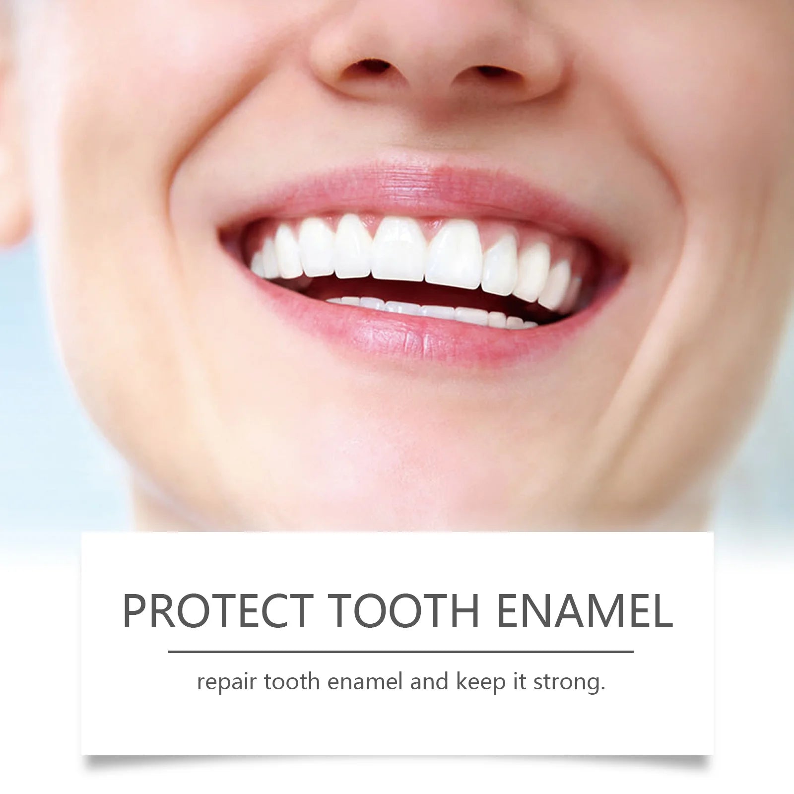 Close-up of a smiling mouth with text about protecting tooth enamel.