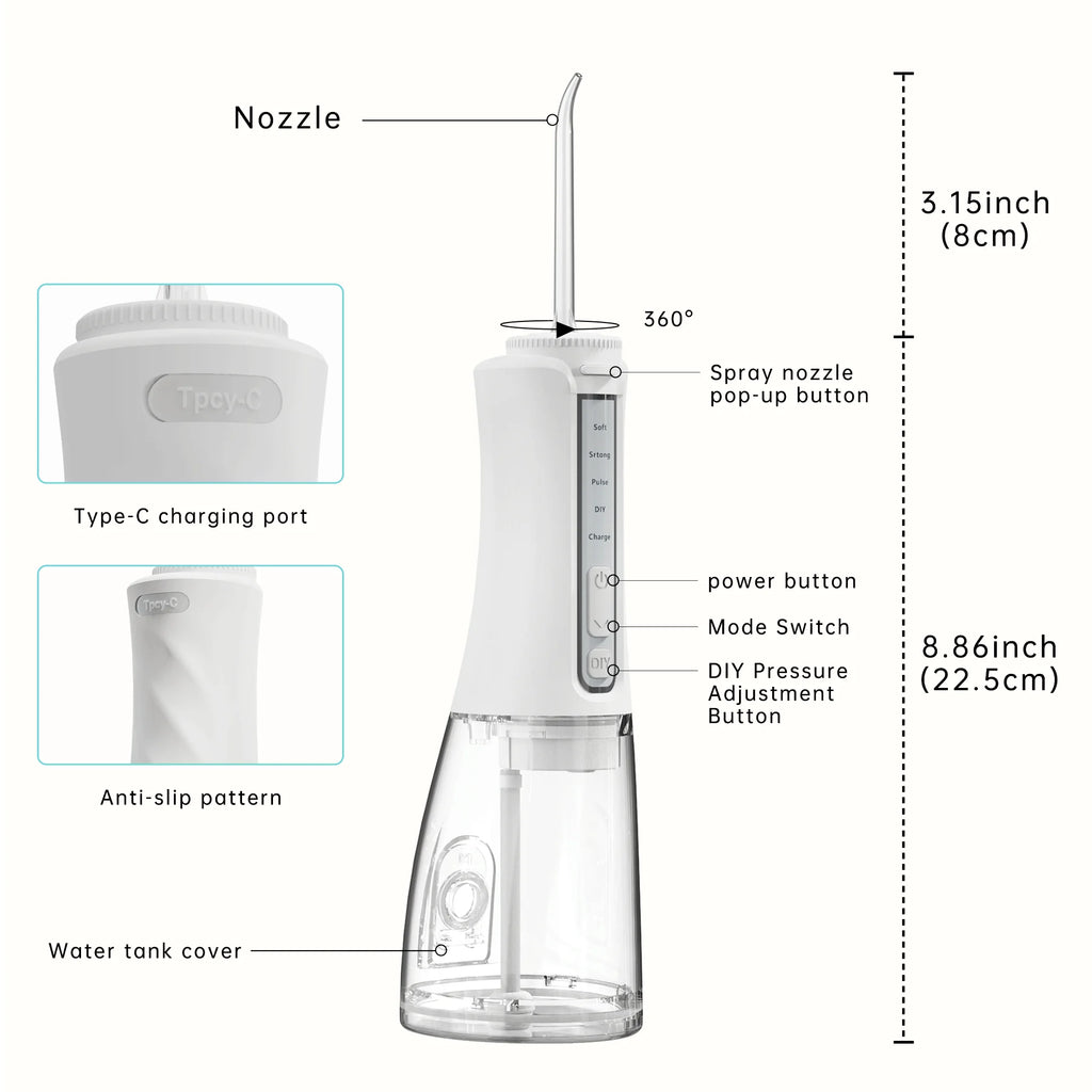 Portable Water Flosser – 300ML, 4 Modes, 5 Tips