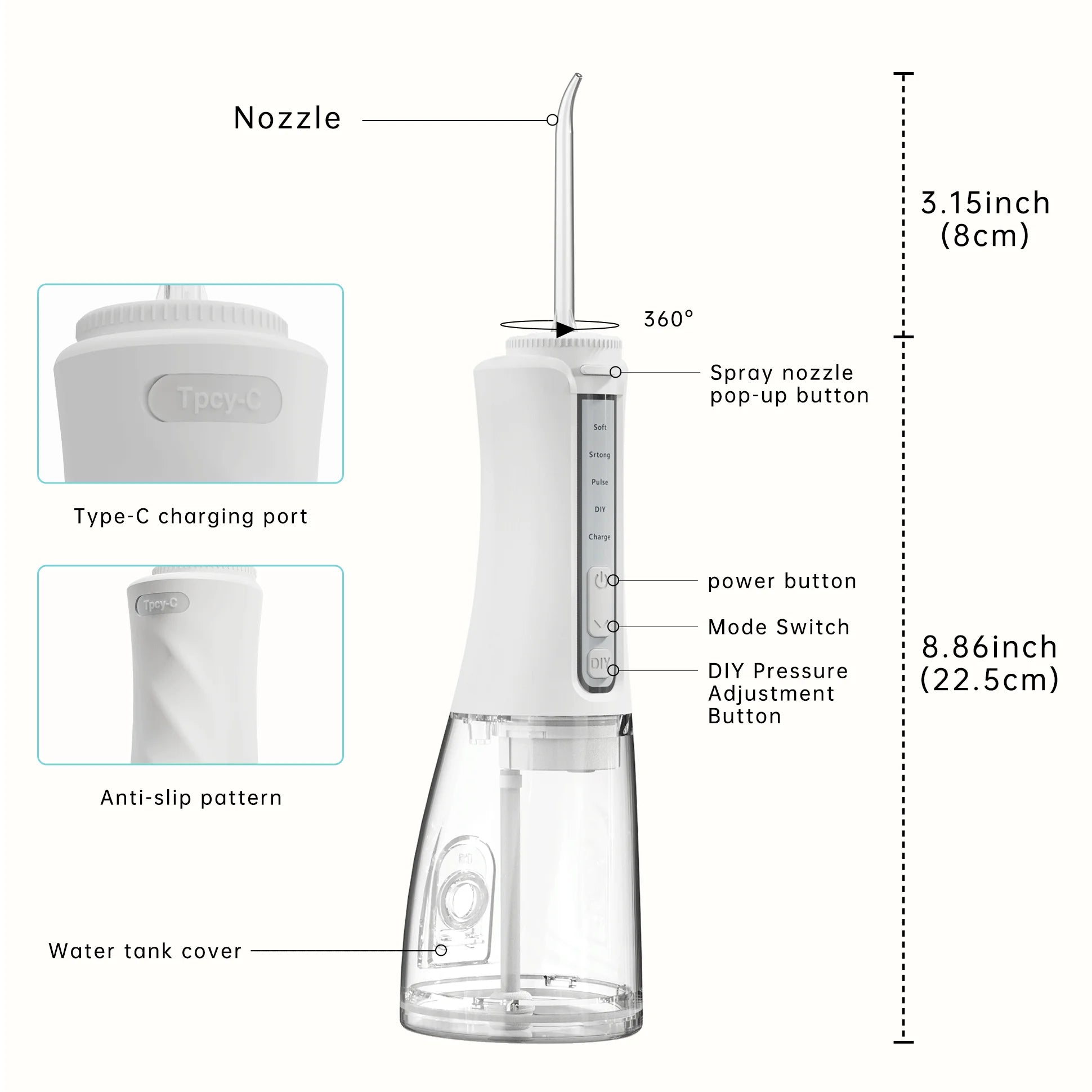 Portable Water Flosser – 300ML, 4 Modes, 5 Tips