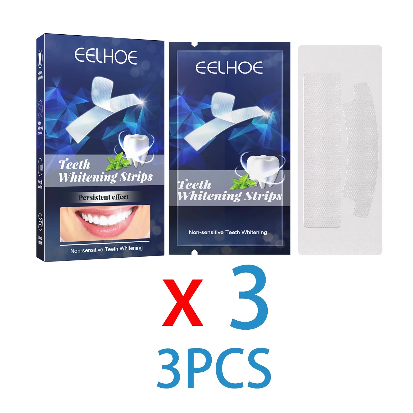 Eelhoe teeth whitening strips packaging with a close-up of the product on a white background