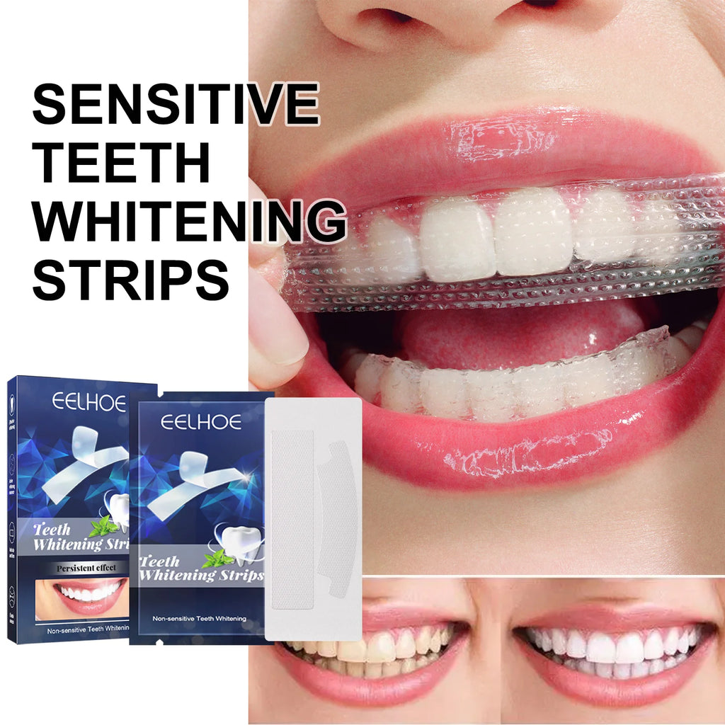 Sensitive teeth whitening strips packaging with a close-up of a mouth wearing the strips.