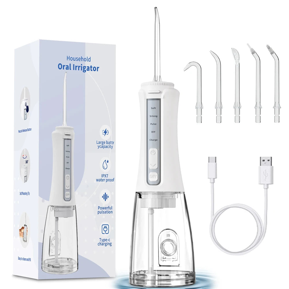 Portable Water Flosser – 300ML, 4 Modes, 5 Tips