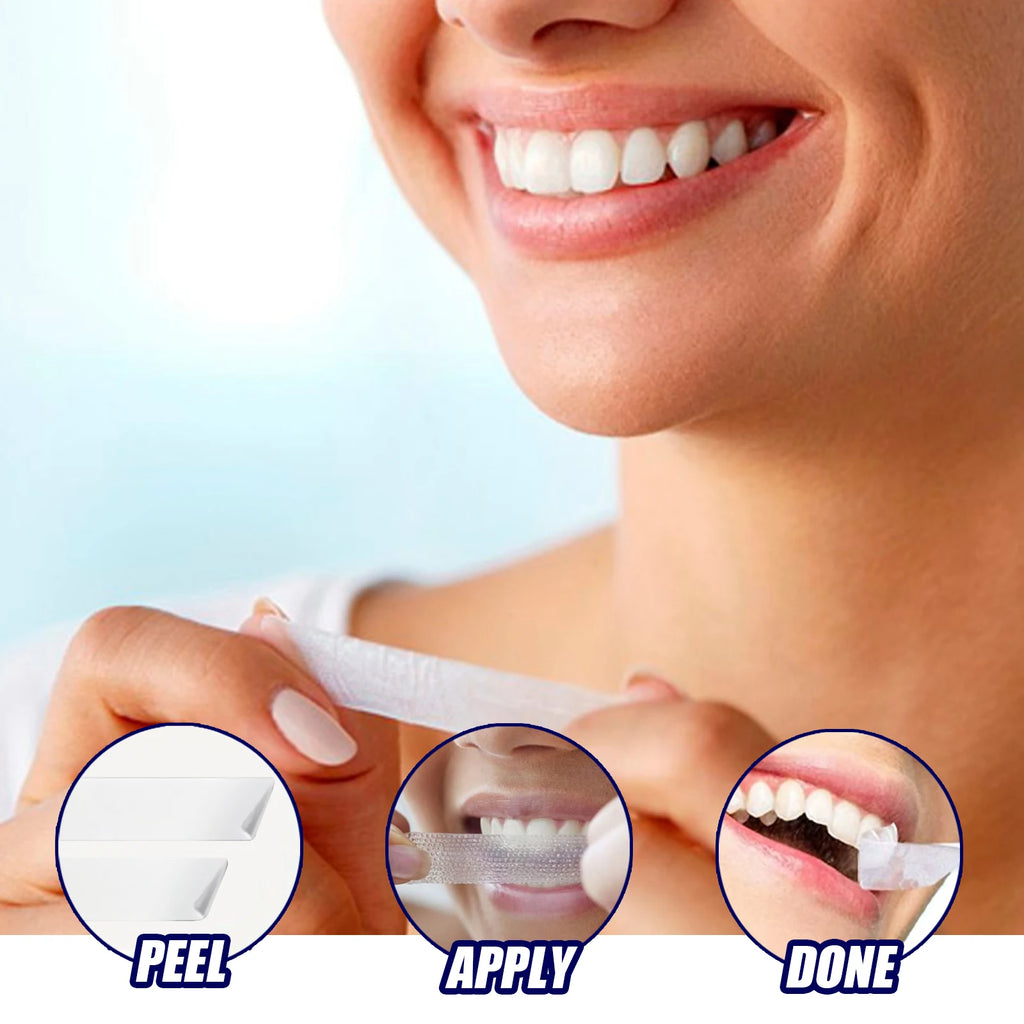 Woman holding a strip with steps to peel, apply, and complete a dental procedure.