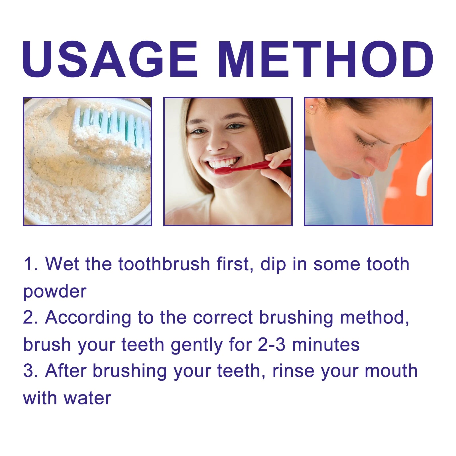 Usage method instructions for toothbrush and toothpaste with images and text.